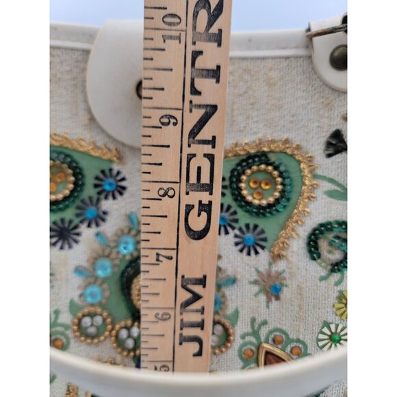 1960s Tote Bag Colins Jeweled Floral Beaded Design Button Closure Wood Bottom - Picture 14 of 16